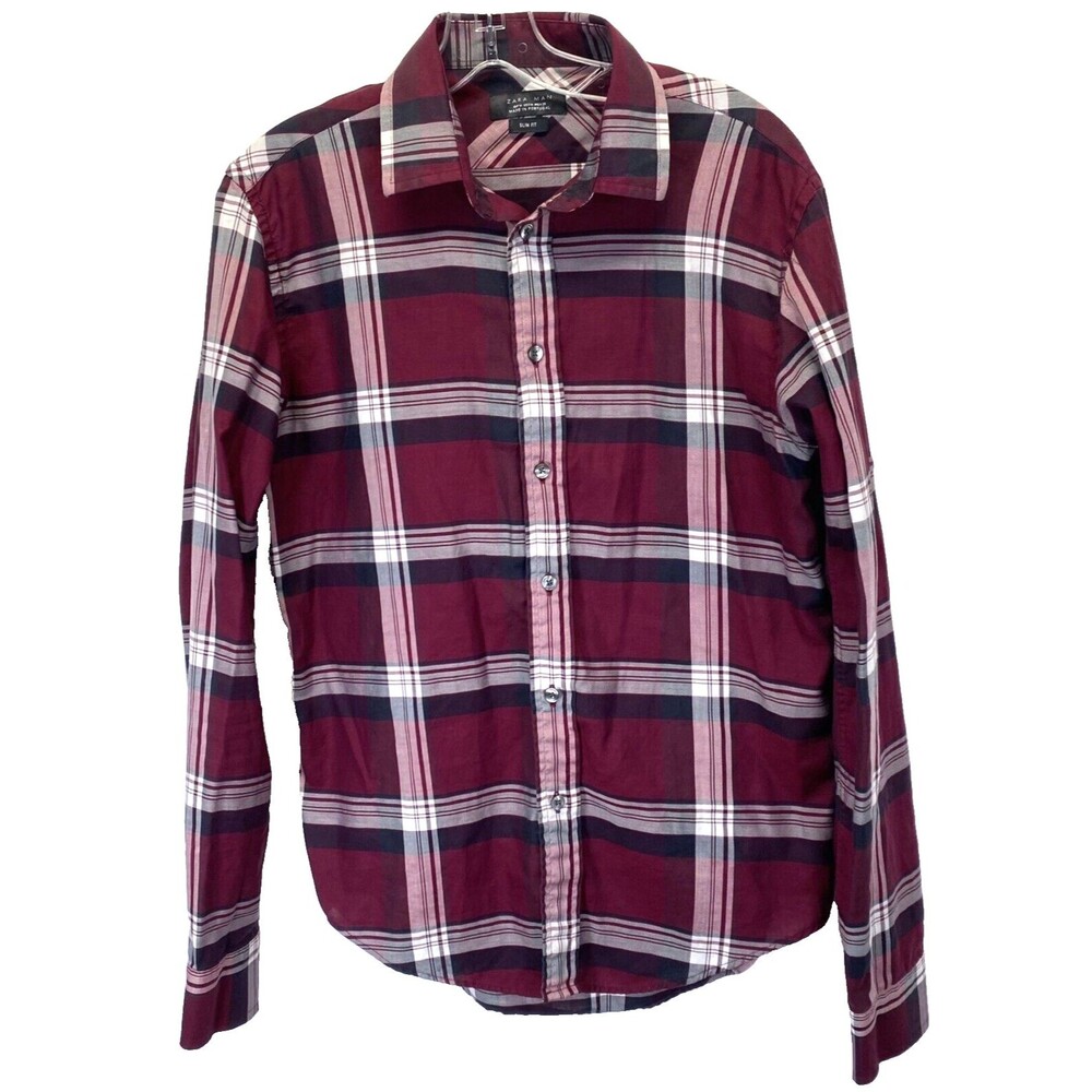 Zara Man Shirt Men's Size M Slim Fit 100% Cotton Long Sleeve Button Plaid